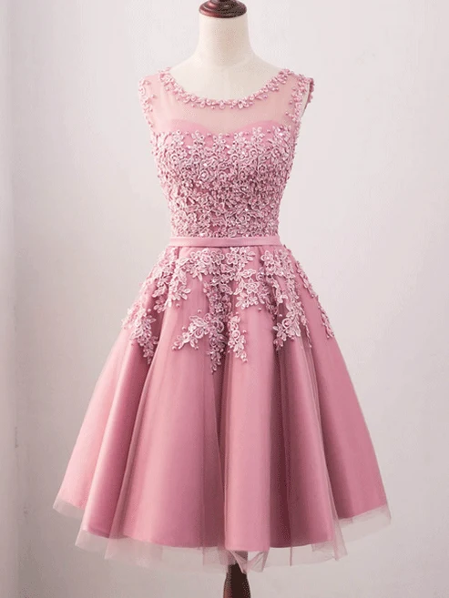 Vintage Jewel Neck Rosa spetsapplikationer tillfällesklänning Modest kort balklänning