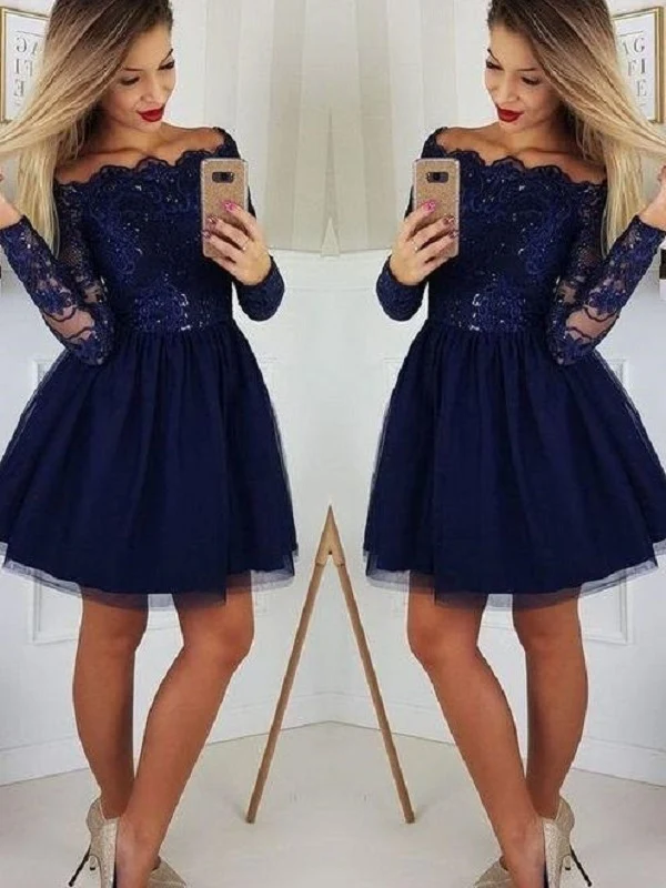 Marinblå Off The Shoulder Lace Top Kort hemkomstklänning med långa ärmar