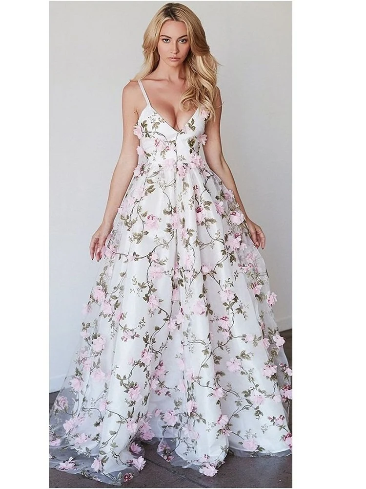 Delikat vit balklänning med 3D-blommor Spets | Söt högtidsklänning i 8:e klass