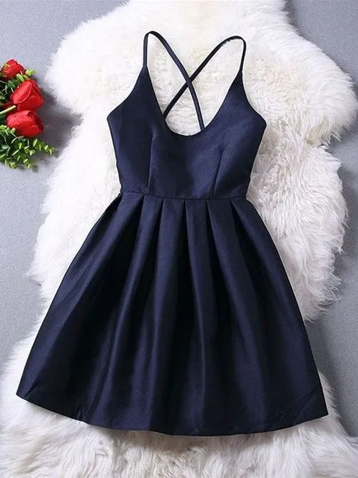 Marinblå Scoop Neck Cross Straps Semi-formella klänning Kort balklänning GDC1290