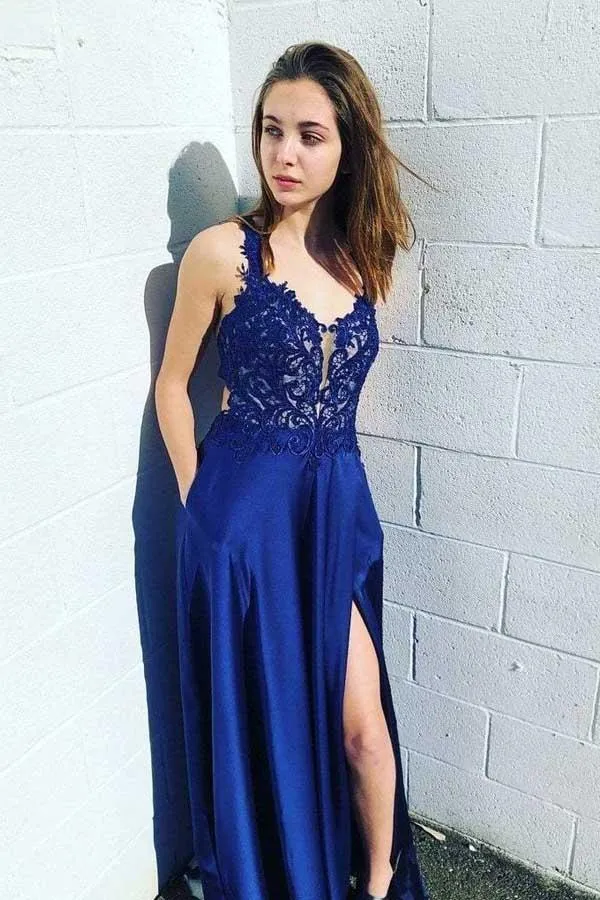 Genomskinlig Royal Blue Side Slit Spets Backless Prom Dress Blå Semi-Formell Klänning