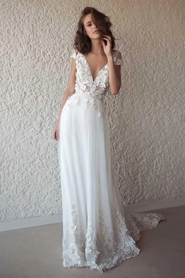 Boho Flowy See Through 3D Spetsapplikationer Sommar bröllopsklänning