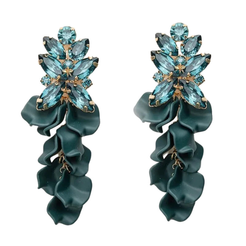 Leaf Big Stone Earrings - Dark Green
