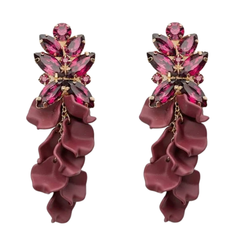 Leaf Big Stone Earrings - Burgendy