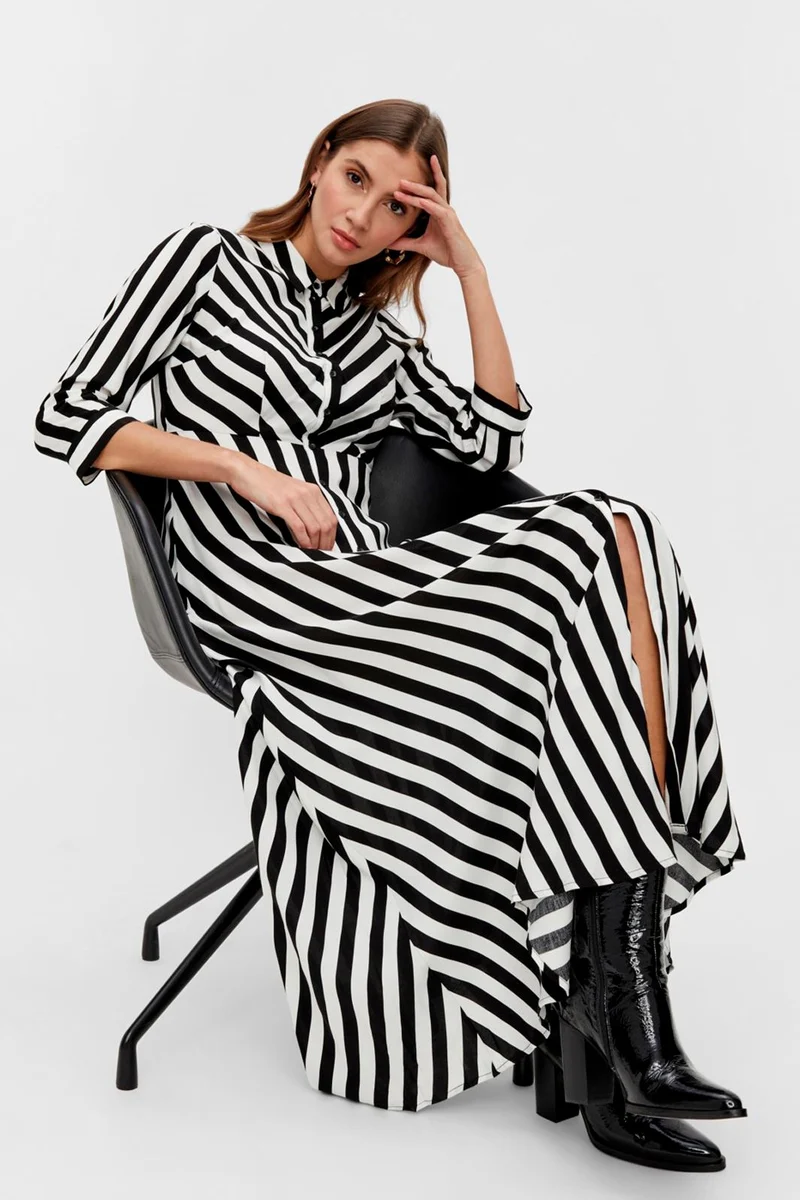 YAS - YasSavanna Long Shirt Dress - Black W. White Stripes