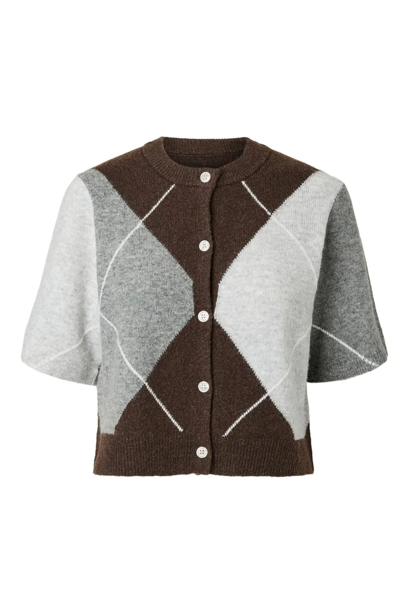 Pieces - Pcsally Ss Knit Check Cardigan - 5133918 Hot Fudge Grey/Birch
