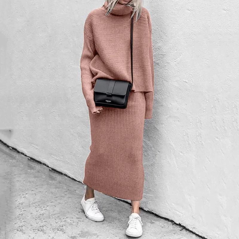 Elegant Stickat Set Dam | Turtleneck Tröja & Maxikjol med Mjuk Stickning | Stilrent Set för Komfort och Elegans