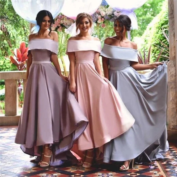 Wide Off Shoulder Hög Lång Satin Höst Brudtärna Klänningar