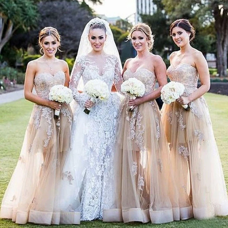 Champagne Sweetheart Spets Tyll A-line Maxi brudtärna klänningar