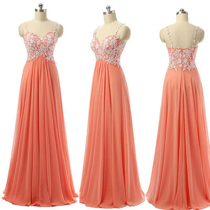 Coral Spaghetti Strap Spets Top Neutral Maxi Brudtärna Klänningar