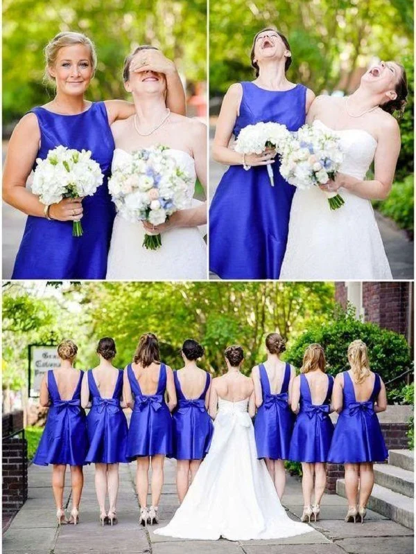 Bateau Neck Royal Blue Kort knälånga brudtärna klänningar med låg rygg