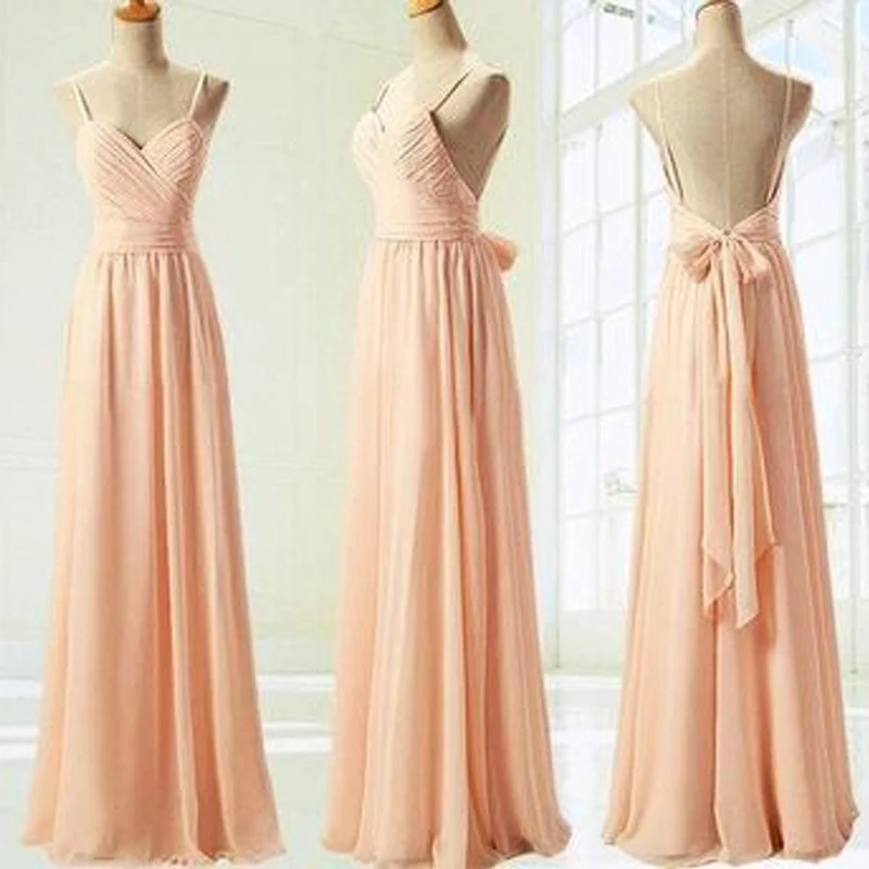 Blush Pink Backless Spaghetti Strap Chiffong Backless A-line Long Bridesmaid Dresses