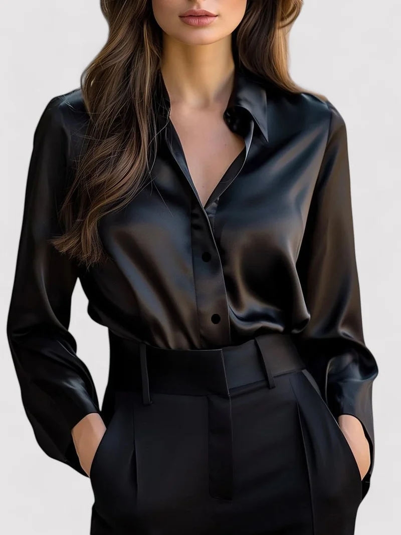 Elegant Sidenblus Dam | Långärmad med Flytande Drapering för Tidlös Stil