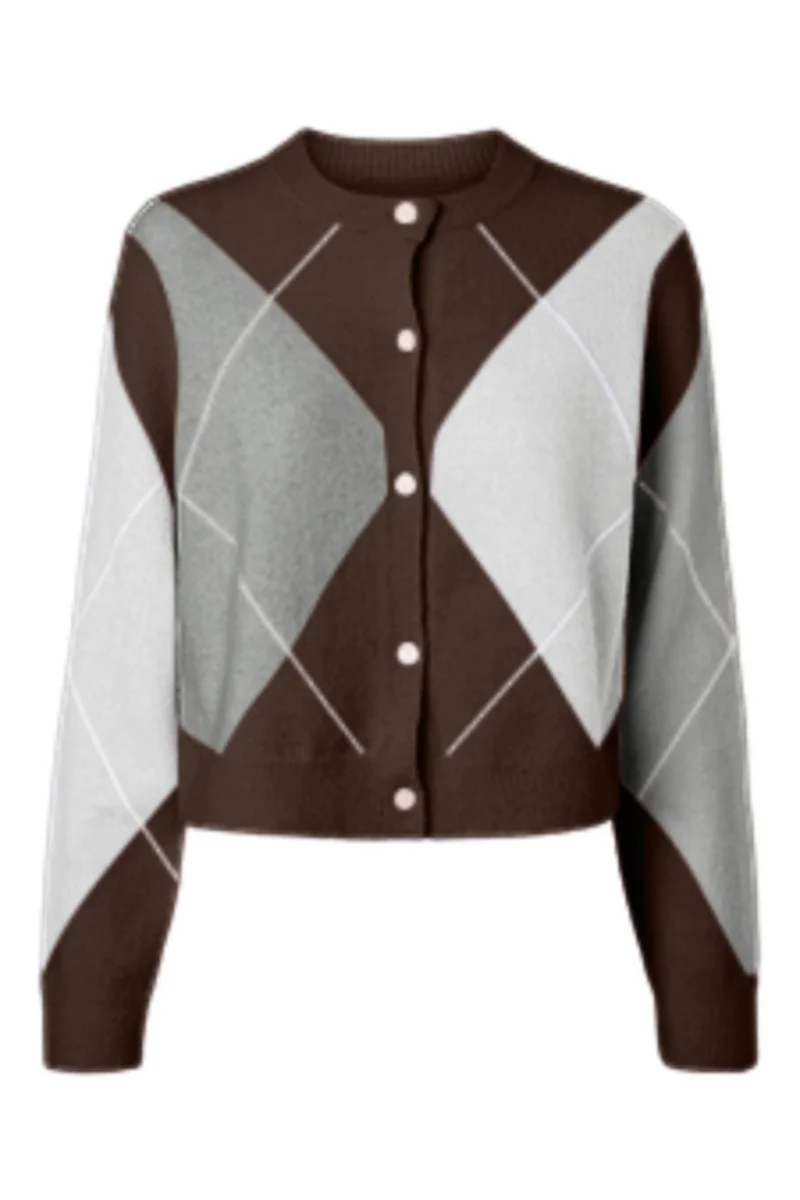 Pieces - Pcsally Ls Knit Check Cardigan - 5133924 Hot Fudge Grey/Birch
