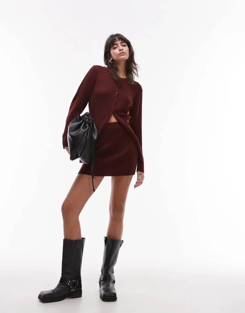 Topshop compact knitted mini skirt co ord in burgundy