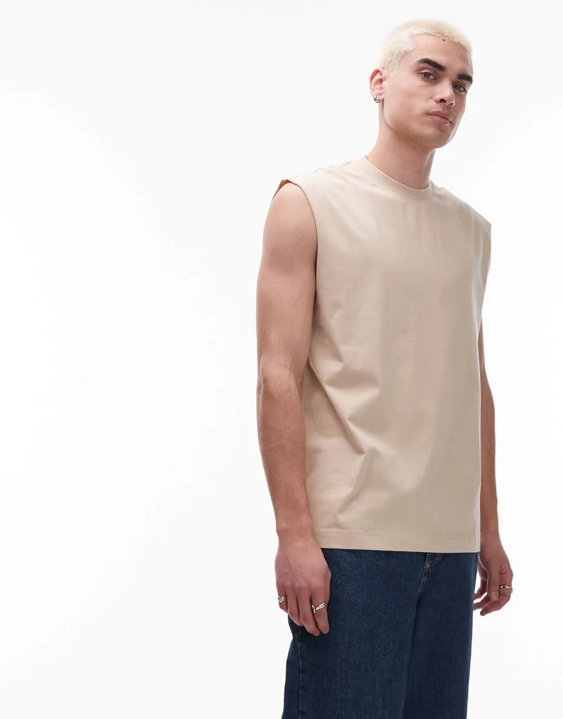 Topman oversized fit sleeveless t-shirt in stone