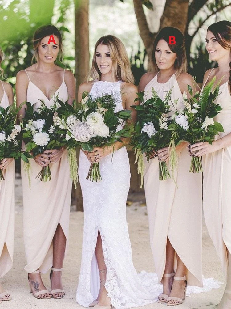Blandade Boho Beach Sommar Beige Brudtärnklänningar