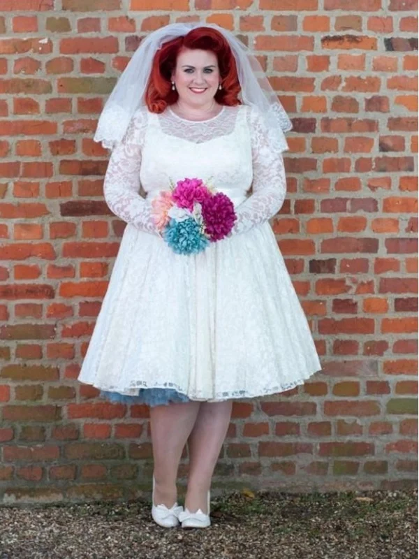 1950-talsstil spets korta vintage bröllopsklänningar Plus Size med ärmar