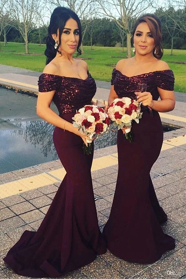 Vinröda paljetter Top Mermaid Bridesmaid Klänningar för kurviga damer