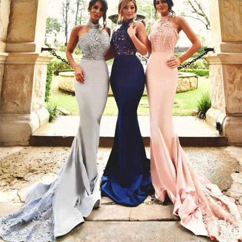 Felaktiga grimma spets Top Mermaid Slim Bridesmaid Klänningar med Chapel Train