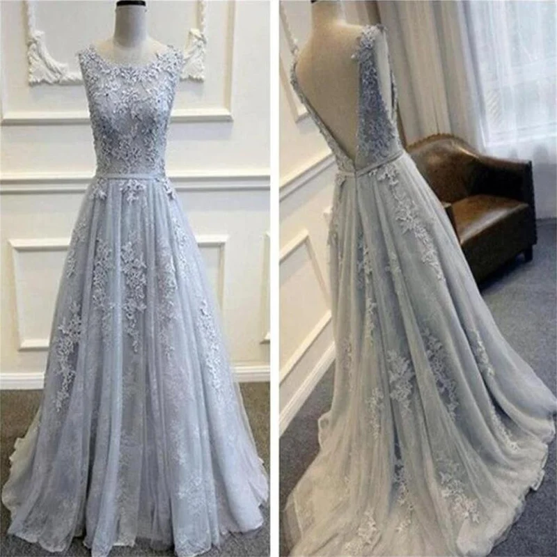 Spetsgrå V Back Scoop Neck Prom Dress Formella klänningar för bröllop