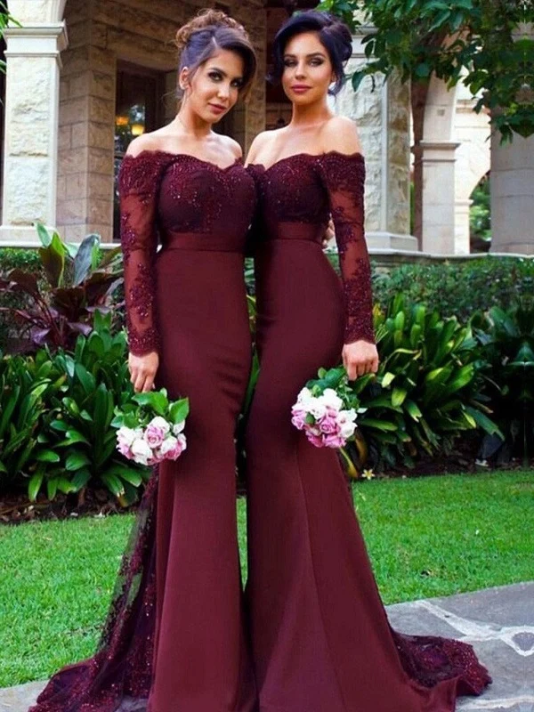 Burgundy spets Top Mermaid Bridesmaid Klänningar med ärmar