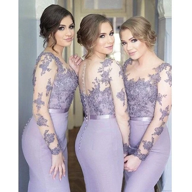 Genomskinlig Långärmad Lavendel Spets Topp Mermaid Maxi Brudtärna Klänningar