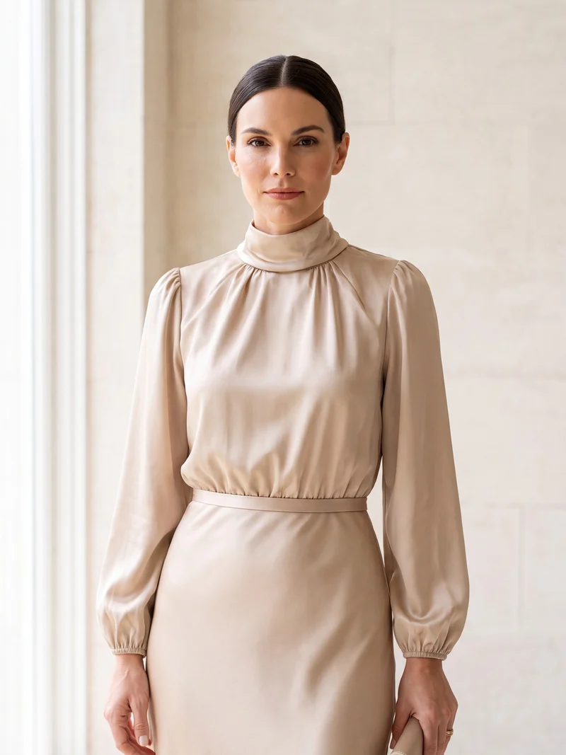 Elegant Midiklänning Dam med Hög Hals och Draperad Silhuett för Sofistikerad Look