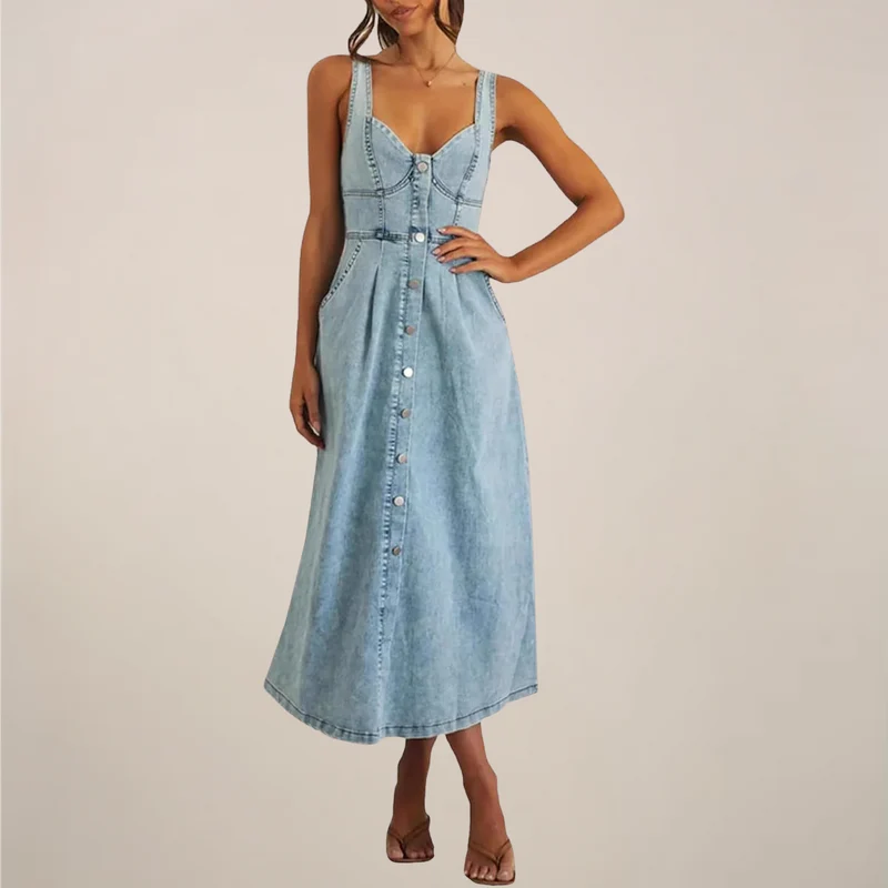 Tidlös | Jeansklänning Dam med Ärmlös Design och Knapp Framtill | Elegant och Allsidig för Vår och Sommar