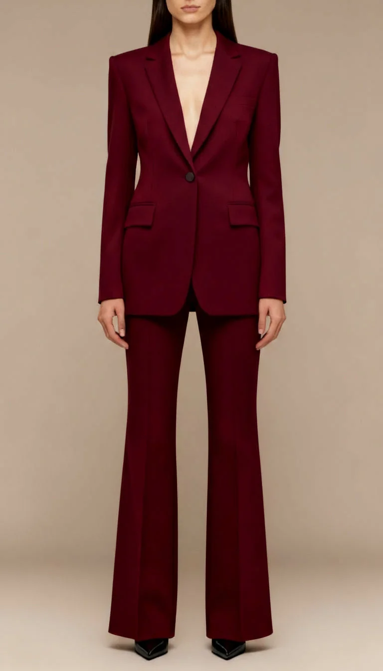 Elegant Tvådelad Kostym | Skulpterad Kavaj och Utsvängda Byxor | Modern Stil för Självsäker Look
