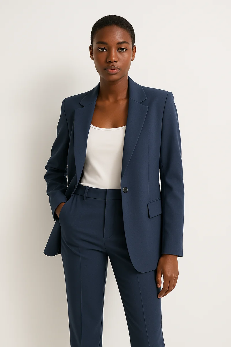 Elegant Kostym Kvinna med Longline Kavaj och Raka Ben | Tidlös Design för Arbete och Fritid