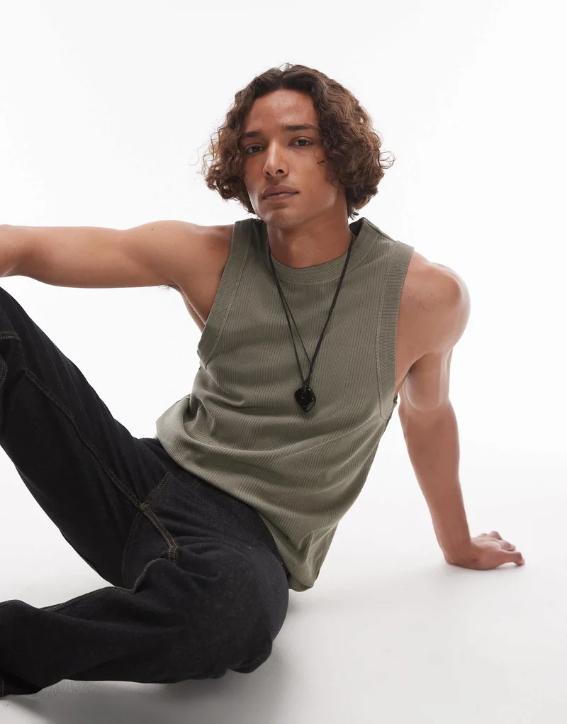 Topman high neck stripe rib vest in washed sage