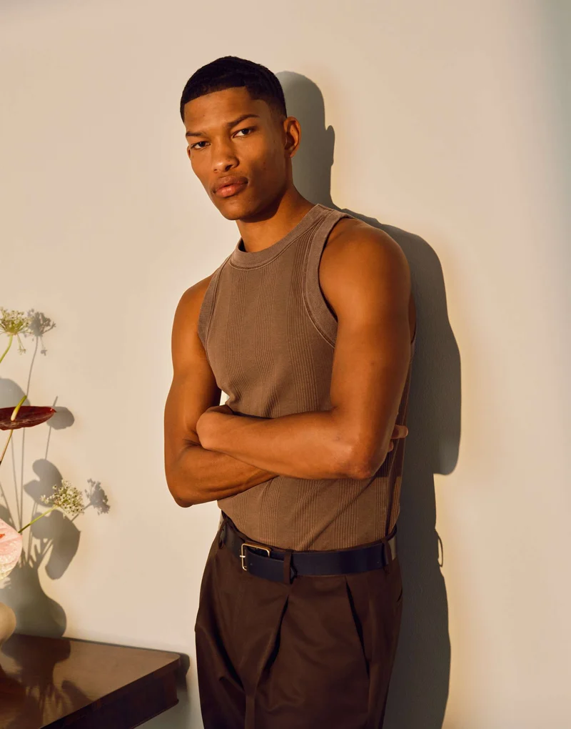 Topman high neck stripe rib vest in washed brown