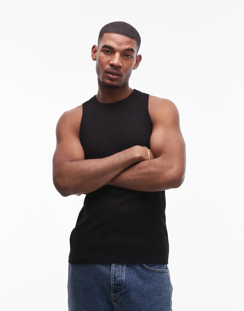 Topman fitted rib vest with high neck in black