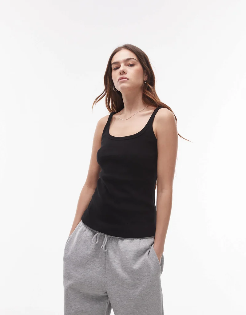 Topshop skinny strap scoop rib vest in black