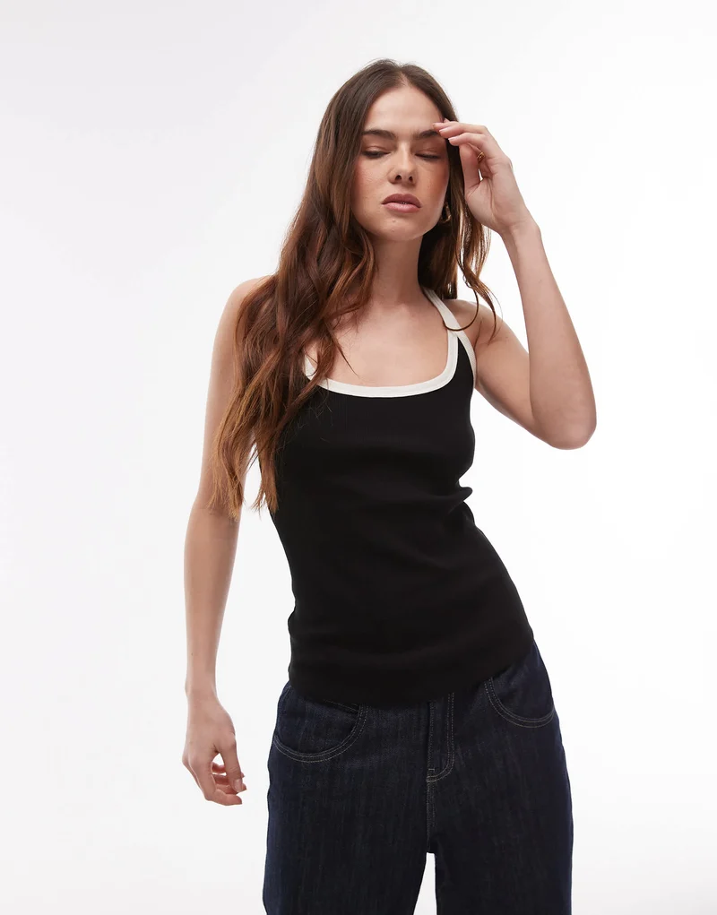 Topshop contrast rib scoop skinny strap vest in black and ecru