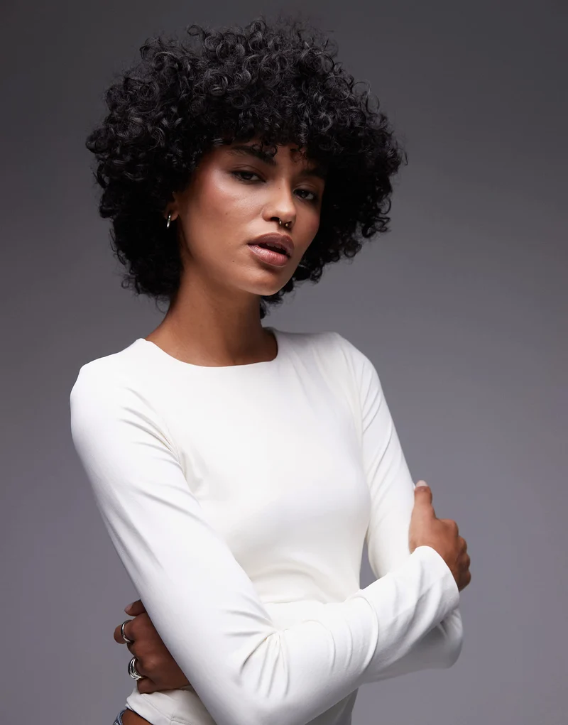 Topshop clean slinky long sleeve top in white