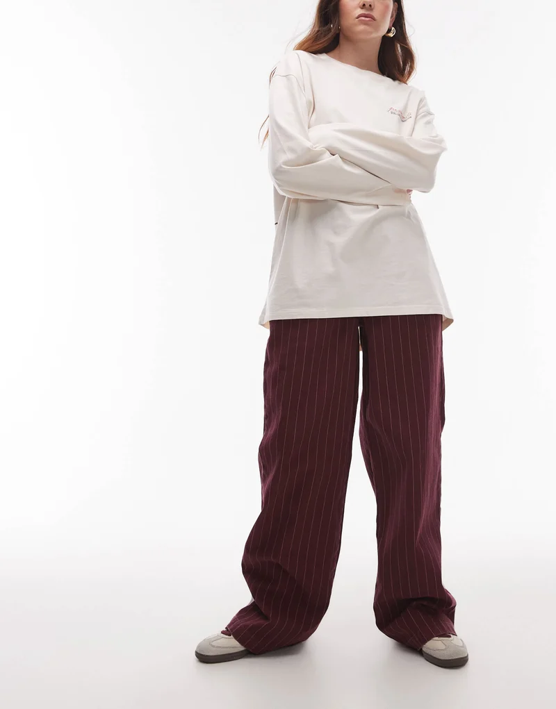 Topshop pull on straight leg striped trouser in burgundy