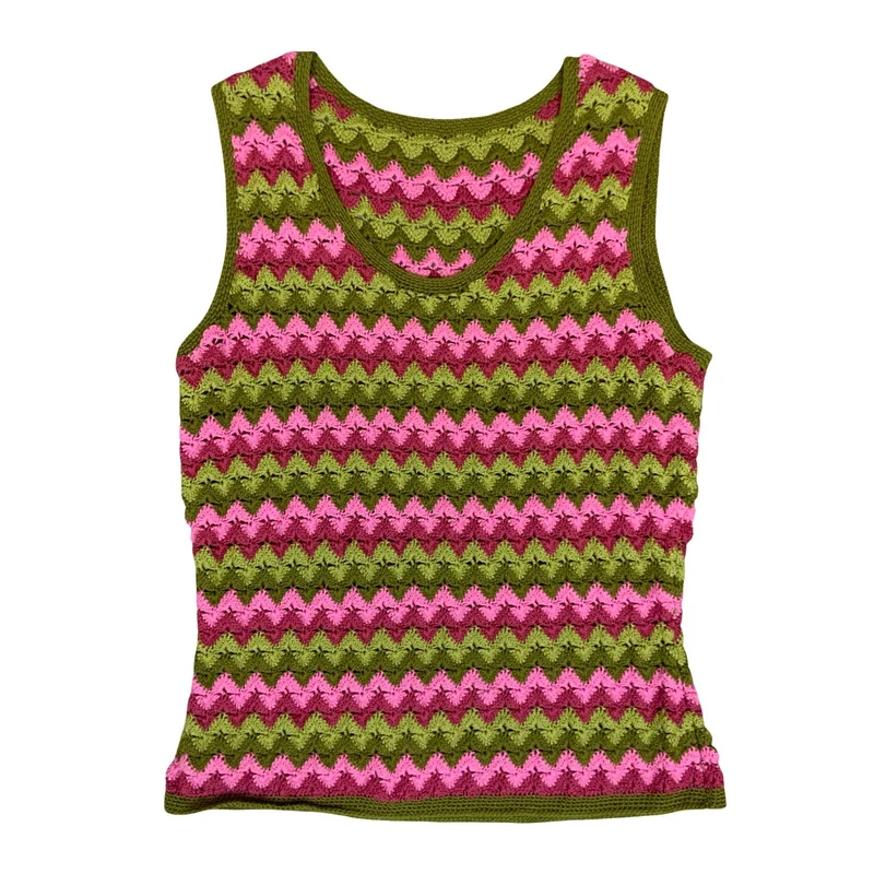 Vtg 90s Y2K Green Pink Chevron Zig-Zag Crochet Knit Casual Sweater Vest S UK 10