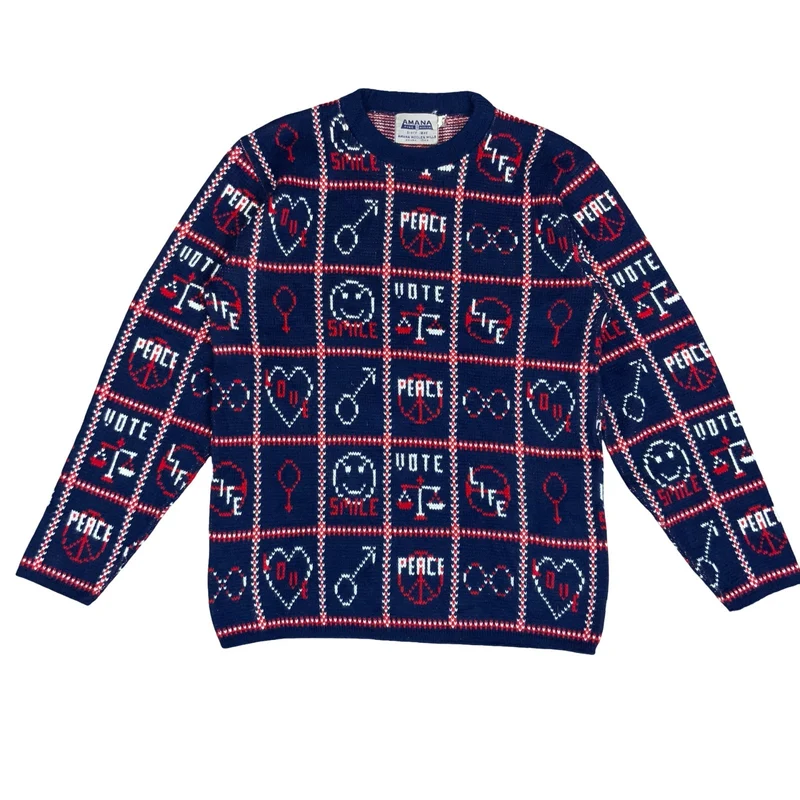 Vtg 80s 'Amana Woolen Mill' Blue Red White Peace Love Graphic Sweater S UK 10