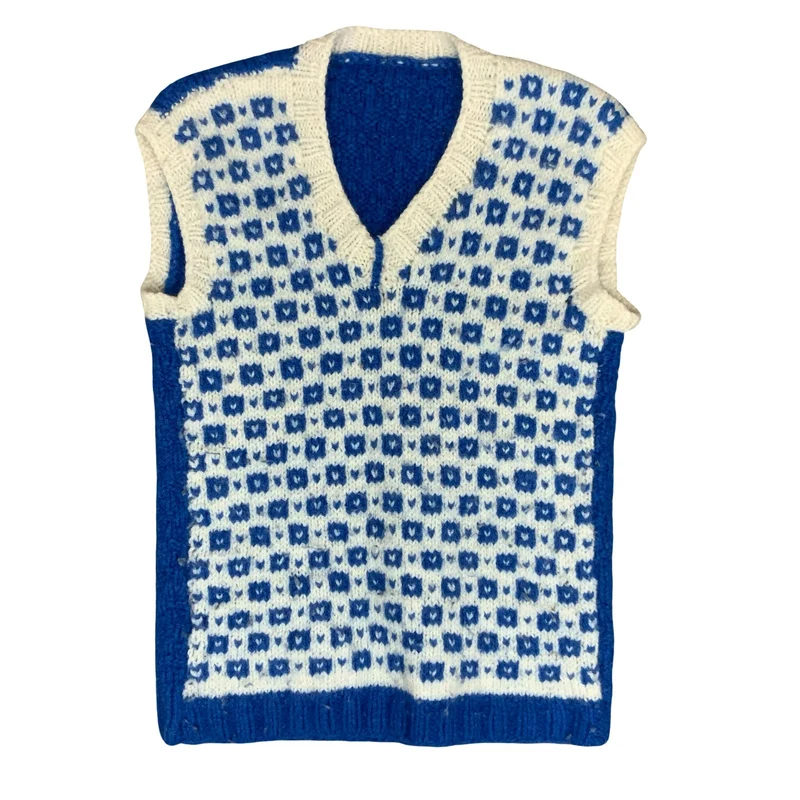 Vtg 70s Blue White Geometric Hand-Made Casual V-Neck Wool Sweater Vest S UK 8