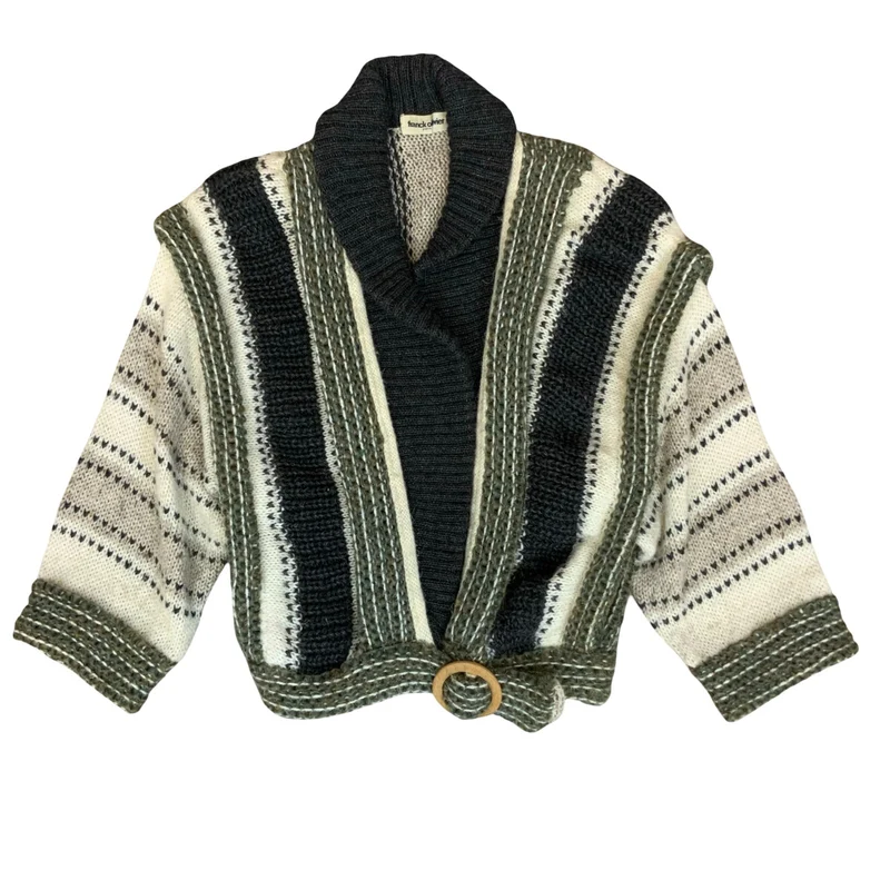 Vtg 80s 'Franck Oliver' Grey Black Knit Crop Wood Buckle Belt Mohair Cardigan XL