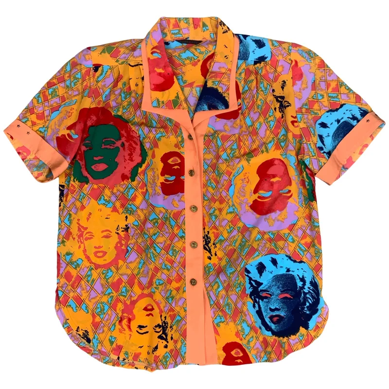 Vtg 'Shik Yee' Orange Blue Geometric Graphic Marilyn Monroe Art Shirt Blouse XL
