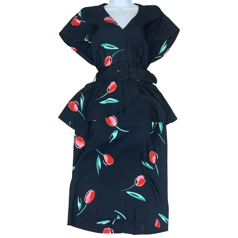Vtg 80s 'Gila Grunert Creation' Black Red Tulip Wrap-Style Belted Midi Dress 12