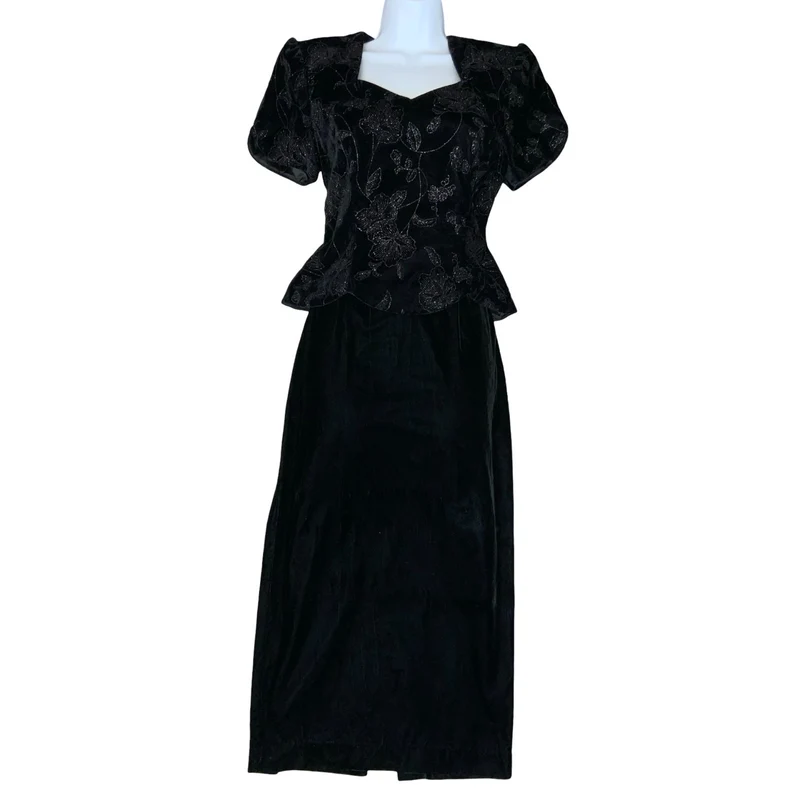VTG 80s 'Scott McClintock' Designer Black Cocktail Floral Velvet Peplum Dress S
