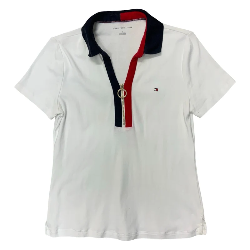 VTG 'Tommy Hilfiger' White Blue Red Interlock Zip Regular Fit Polo Shirt UK 10