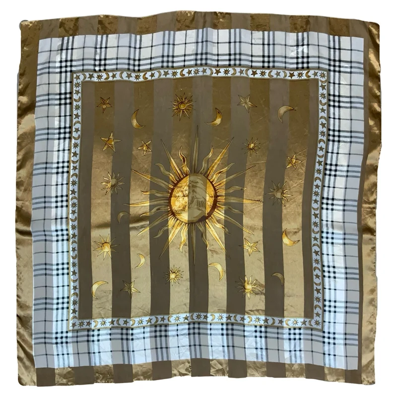 VTG y2k BROWN GOLD SUN MOON CELESTIAL STRIPED TARTAN HIPPIE SQUARE SCARF