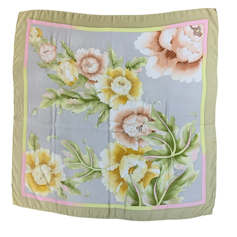 VTG 80s 90s CREAM YELLOW BEIGE FLORAL BOTANICAL AESTHETIC SQUARE SCARF
