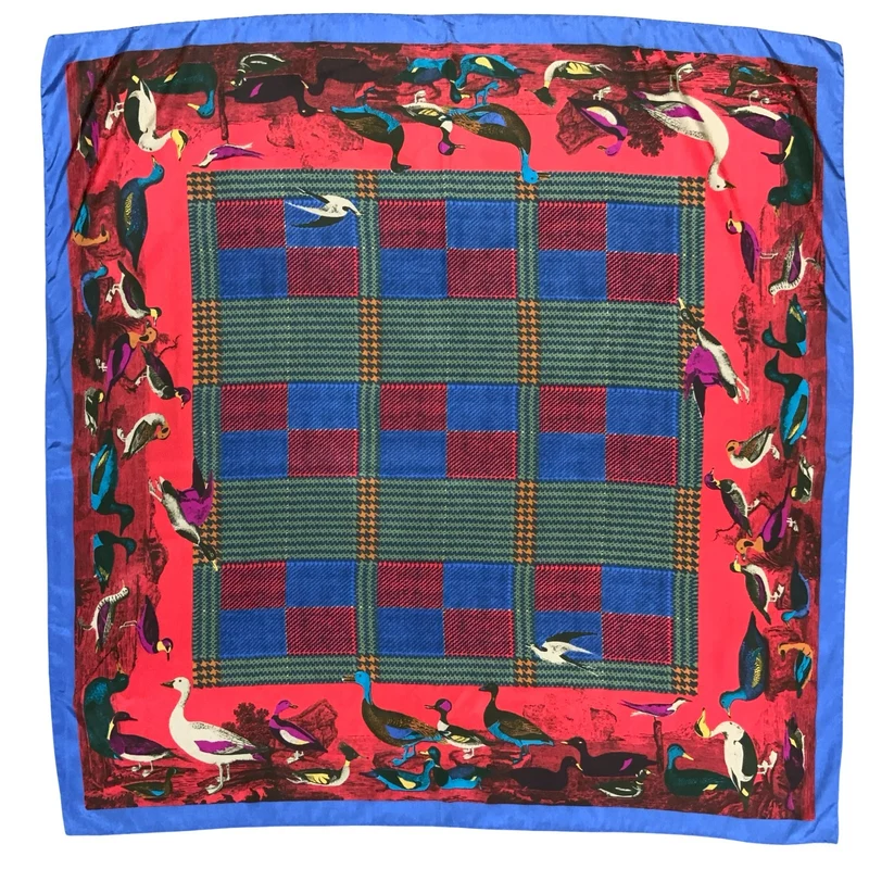 VTG BLUE RED GRAPHIC BIRDS AVIAN DUCK CHECKED COLOURFUL SQUARE SCARF