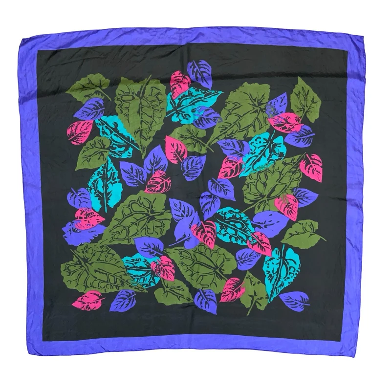VTG BLACK PURPLE GREENN PINK BOTANICAL COLOURFUL GRAPHIC LEAF SQUARE SCARF